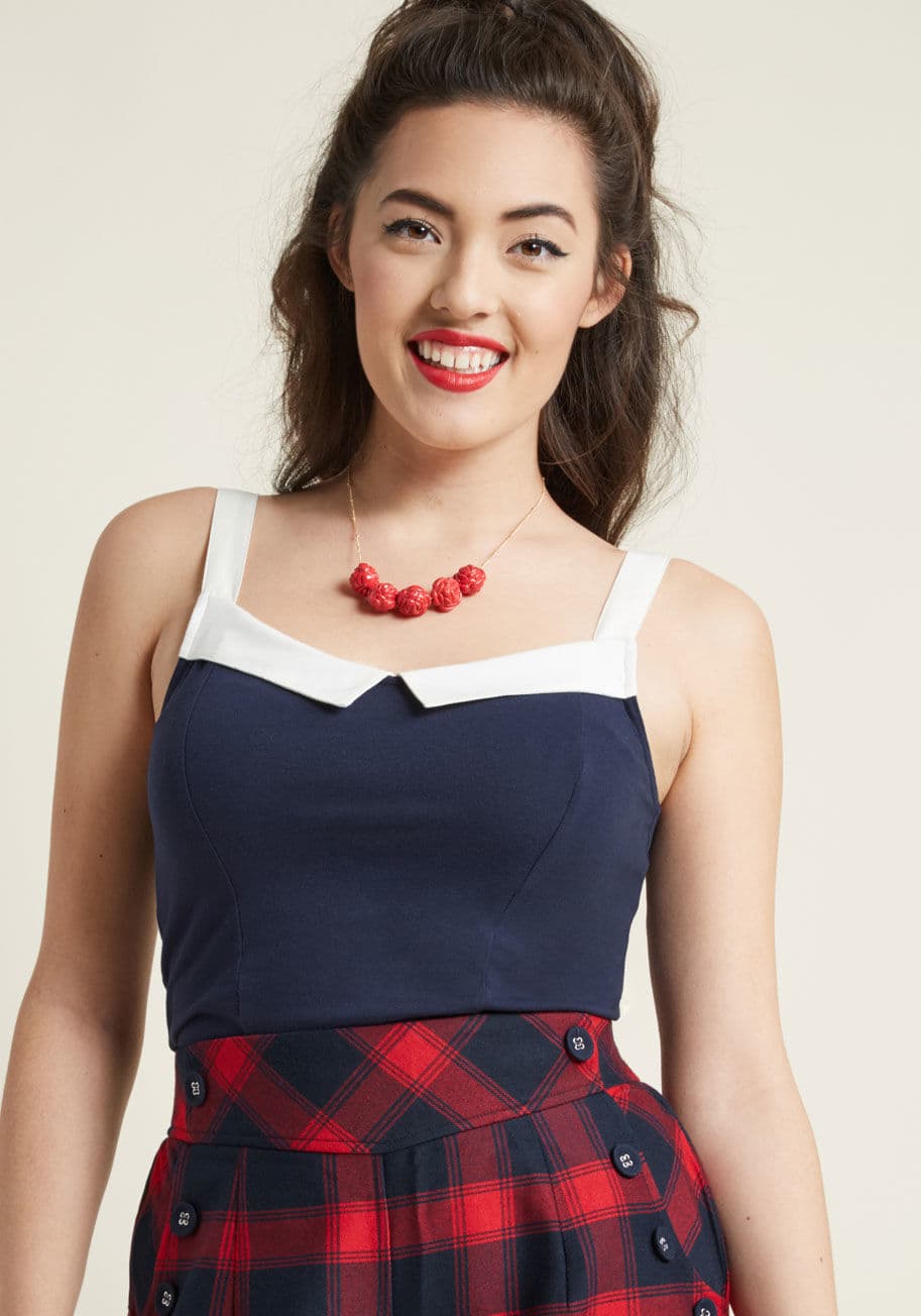 MCT1547 - If you're anything like us, you adore a divine, vintage-inspired find. This navy tank top from our ModCloth namesake label is the treasure you've been craving, as evidenced by its pointed white collar and backside punctuated by anchor-detailed buttons - a