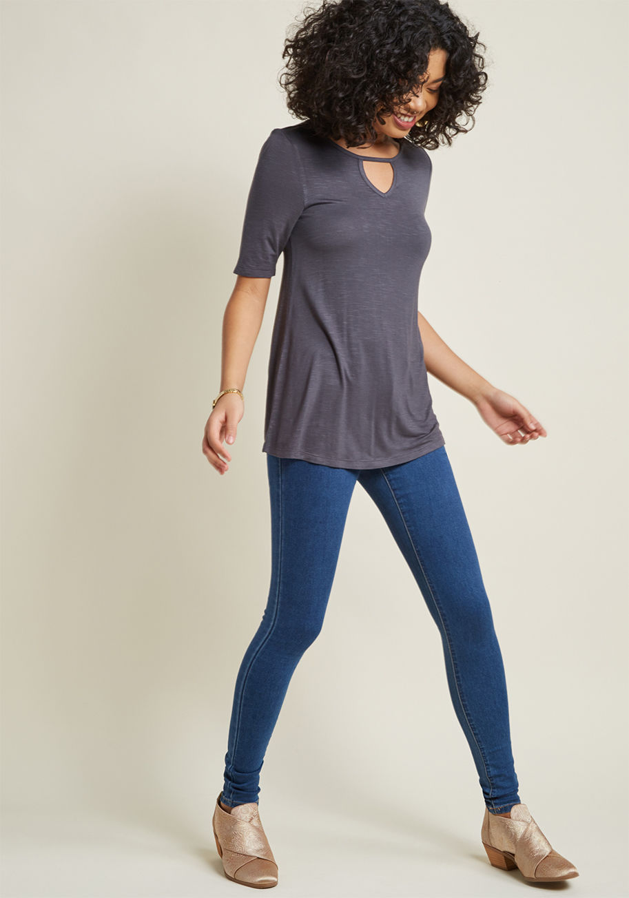 MCT1548 - Who are we kidding - simple is always in! This dark grey top can accommodate ensembles assembled with skirts, skinnies, and all sorts of other separates, and adorably at that. Detailed with a neckline keyhole, half sleeves, and a lightweight slub knit, th