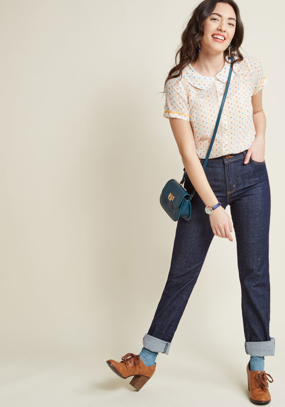 MCT1596 - Beginning your outfit with this ivory blouse from our ModCloth namesake label ensures the day ahead will brim with confidence and class! Topped with blue, goldenrod, and red Swiss dots