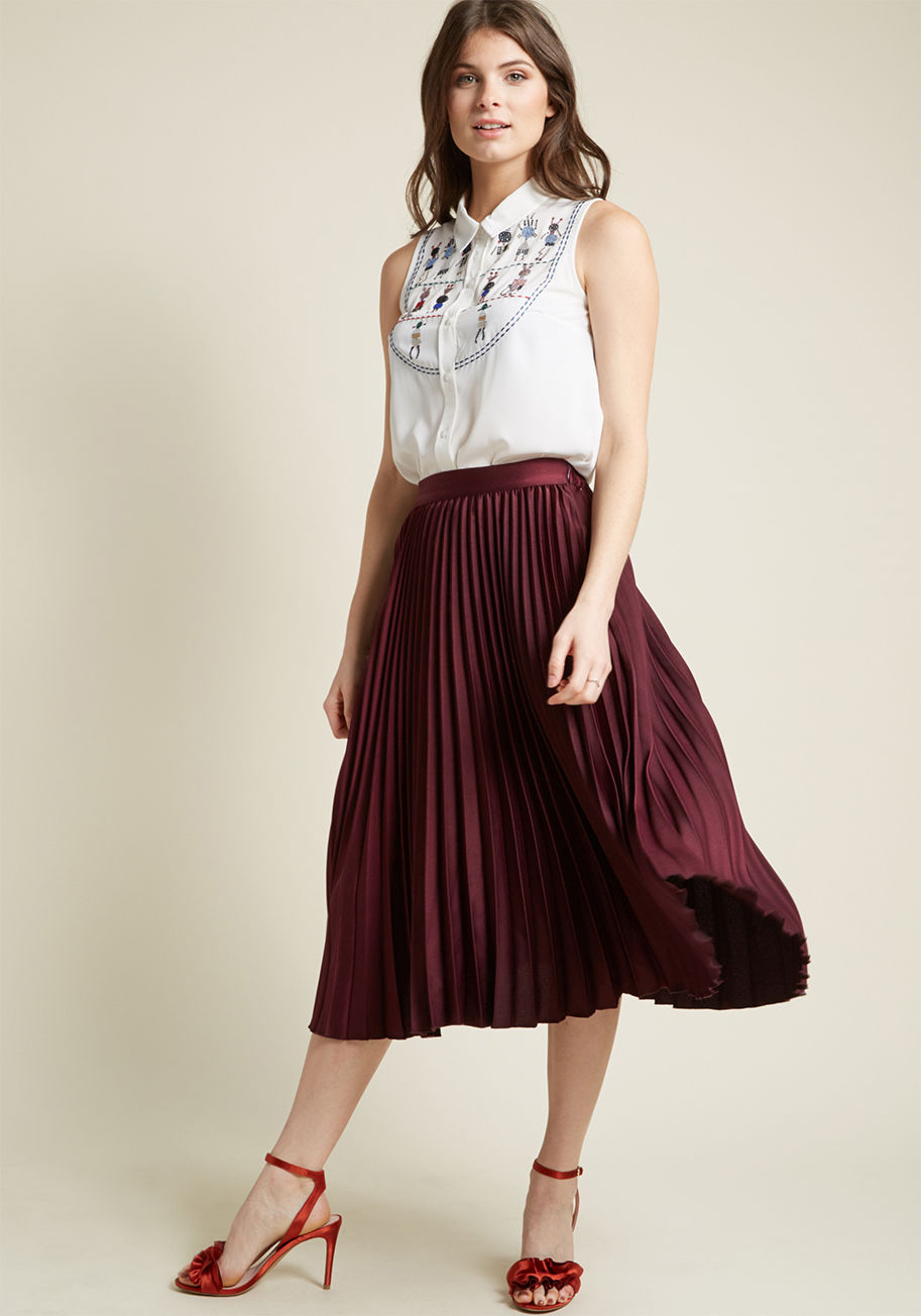 MDB1039 - No matter how many textures or patterns you introduce into your look, this pleated midi skirt will pull your outfit together! Part of our ModCloth namesake label, this high-waisted, burgundy hued bottom will make repeat appearances