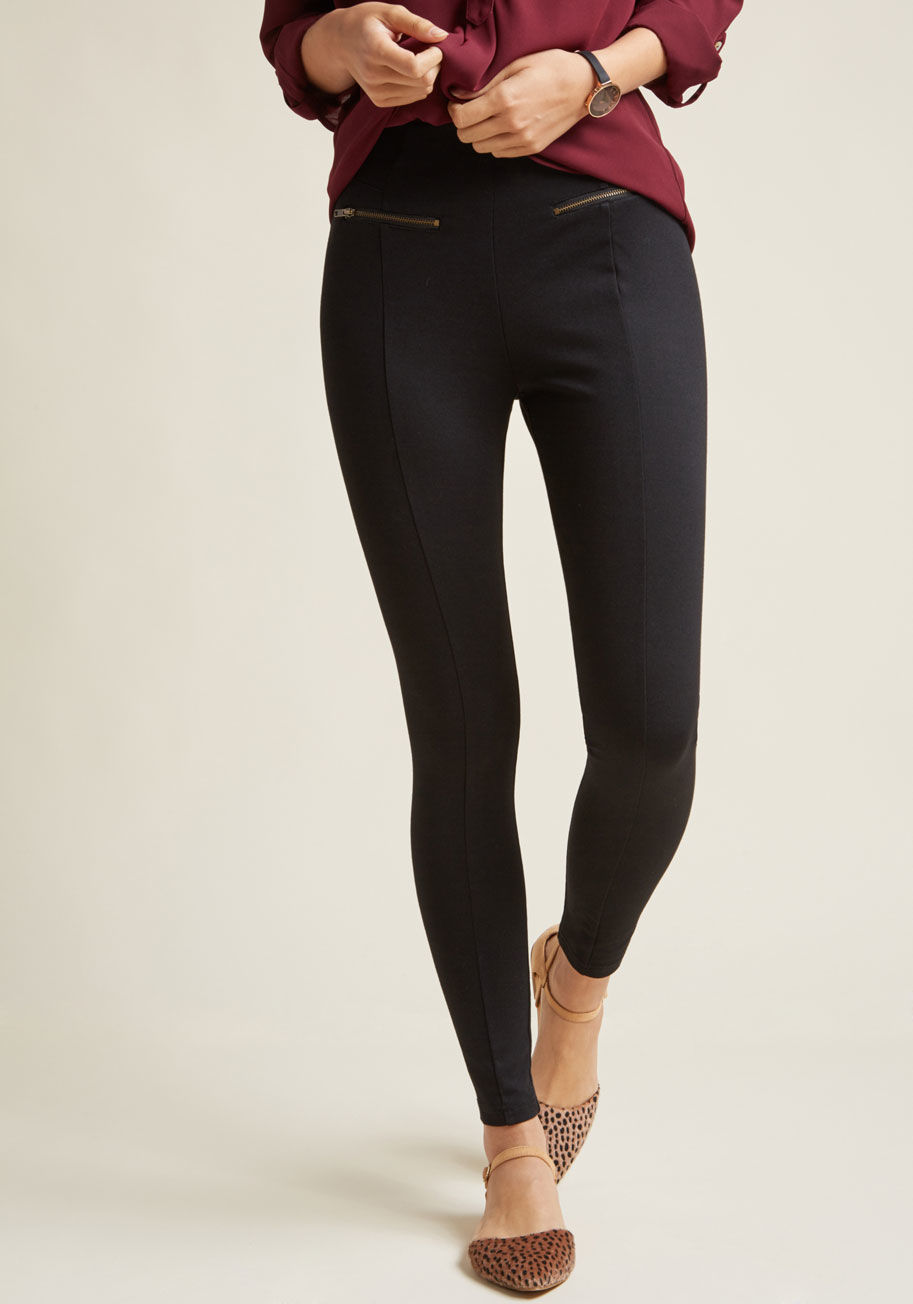 MDB1040 - You want the convenience of throw-it-on-and-go leggings, but the chic style of sleek pants? These black bottoms are it! Part of our ModCloth namesake label, this ponte pair features waistband accents, bronze hip zippers, and sassy seaming down the front a