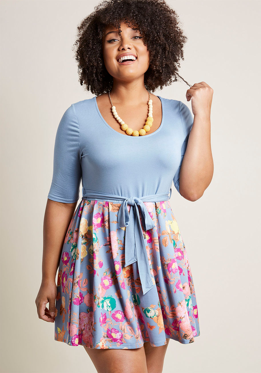 Mdd1014c - You don&rsquo;t need to be a fortune teller to see that this twofer dress will become an integral part of your wardrobe! A ModCloth-exclusive design with trending potential, this casual A-line - with its sky blue bodice, cropped sleeves, and floral-patter