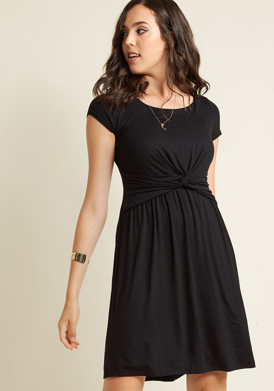 As you debut this noir dress at an early meeting, you win over your coworkers with your fantastic points of view! Twirling a knotted waist and soft jersey knit into a totally sophisticated look, this ModCloth-exclusive frock proves that a proper ensemble  by MDD1068