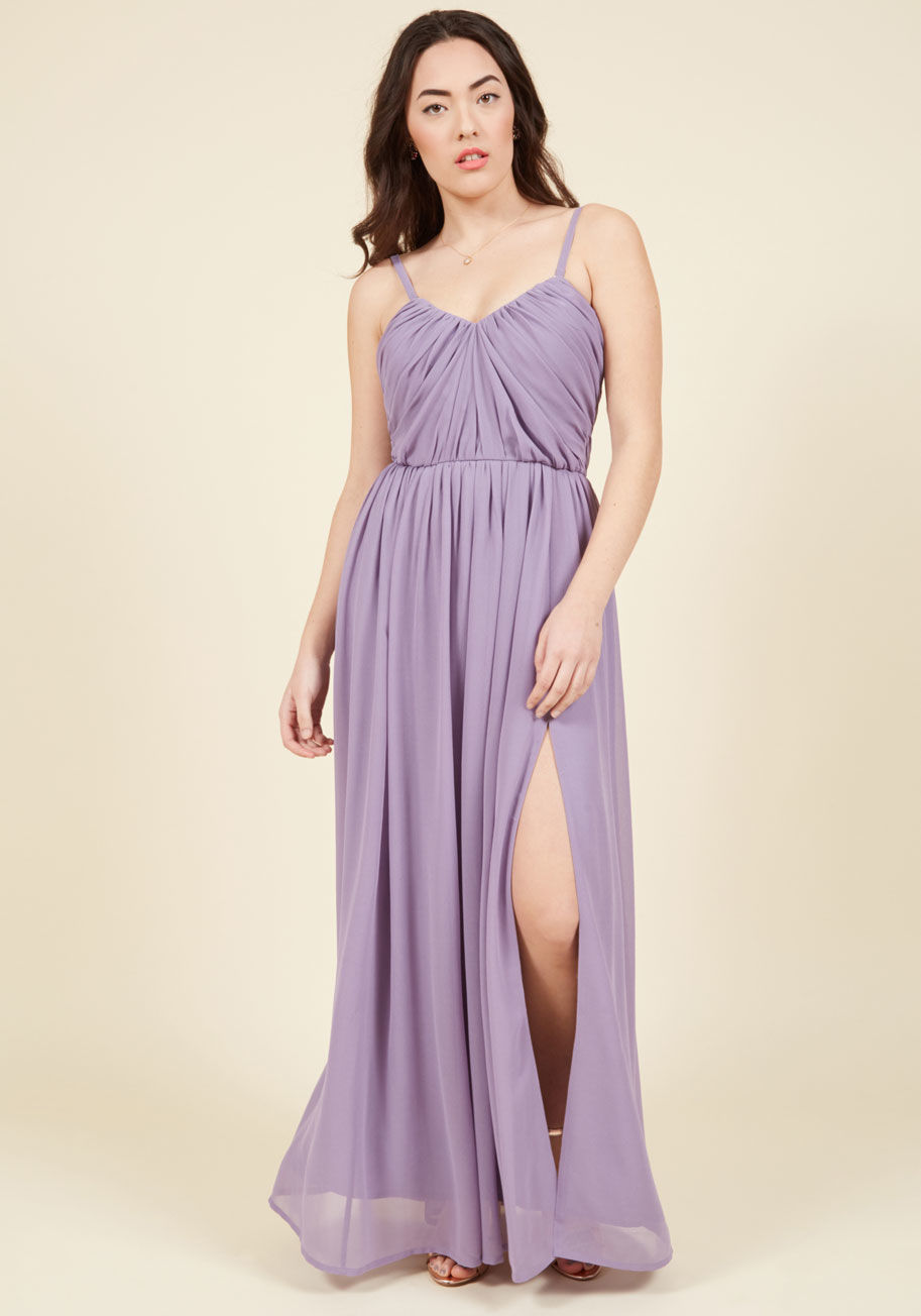 MDD1088 - In the effortless essence of this lavender maxi dress, luxury looks as if it comes naturally to you! Optional straps support the exquisitely gathered bodice of this ModCloth-exclusive beauty, as its elegantly-draped skirt - complete with a stunning vent -