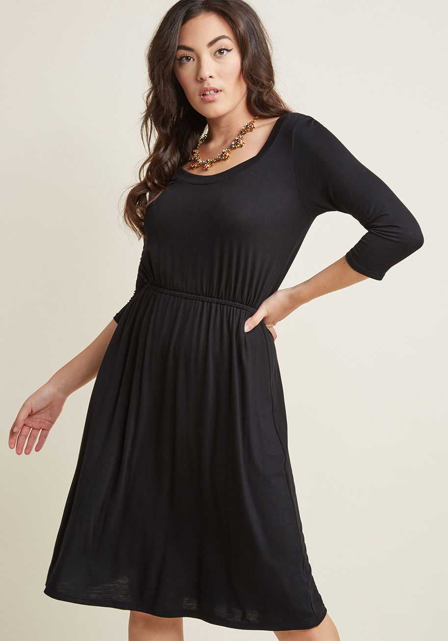 MDD1171 - Just like your picnic basket is filled with indulgent superfoods, your staple dress is loaded up with loveliness - like a versatile black hue and knit fabric! The comfiest and most versatile look for an easy Saturday, this half-sleeved, ModCloth namesake 