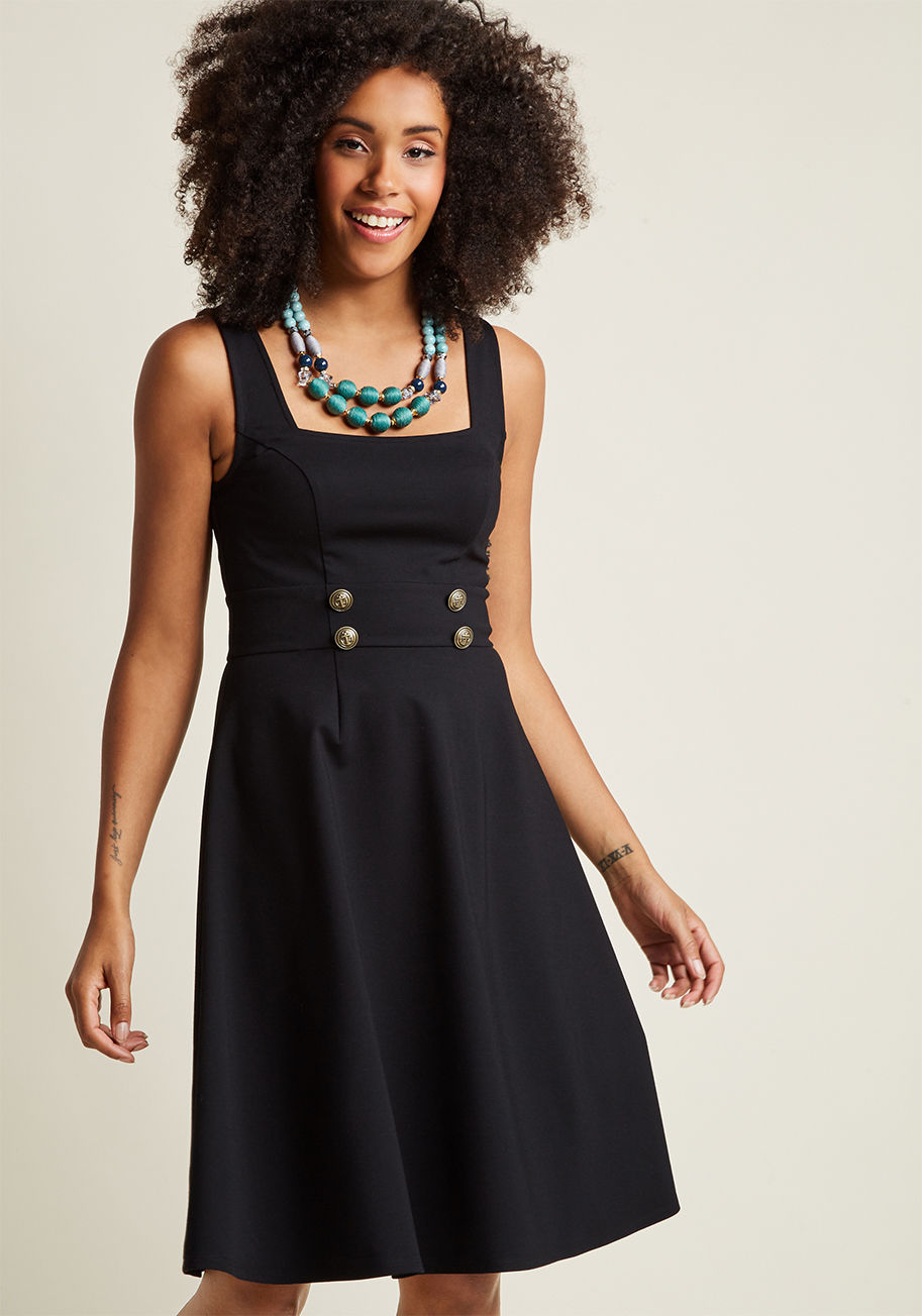 MDD1179 - Your savvy sense of style will command attention when you march into this black fit and flare dress - part of our ModCloth namesake label. A fine, sturdy knit blankets the A-line silhouette of this square-neck frock, while decorative brass buttons with an