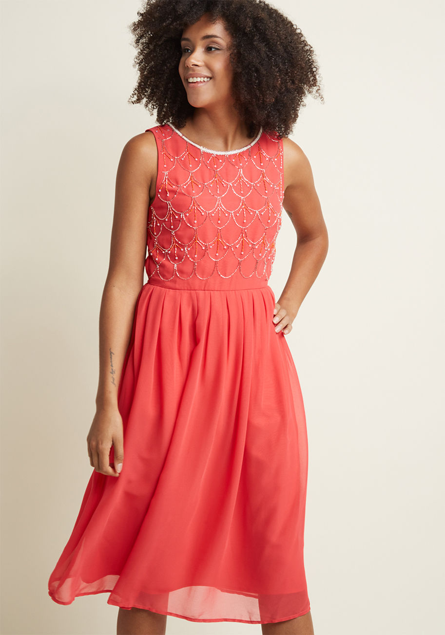 MDD1187 - Invite enchantment into your look by way of the silver beading scalloping this chiffon dress' bodice. Brilliant! A fancy selection from our ModCloth namesake label, this coral frock is detailed with white sequins along the neckline, a pleated waist opposi