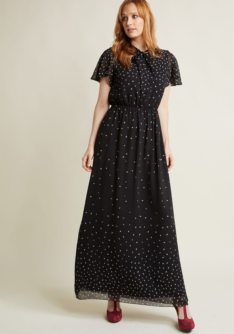 MDD1196 - What good is a refreshing breeze without a flowy maxi dress to catch the draft? This black dress from our ModCloth namesake label turns to a tied neckline, flutter sleeves, and a light chiffon fabric to take care of all your gusty day needs. Plus, its but