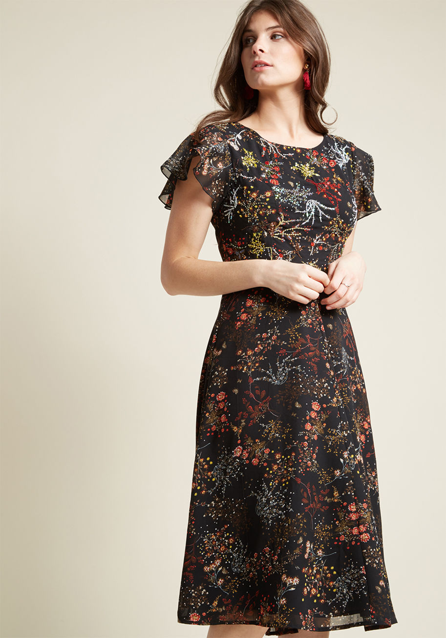 MDD1198 - As delightfully flowy as it is tastefully festooned, this black midi dress is a free-spirited way of fancying up! A flutter-sleeved frock from our ModCloth namesake label, this chiffon style is patterned with red, yellow, olive, and pale blue wildflowers,