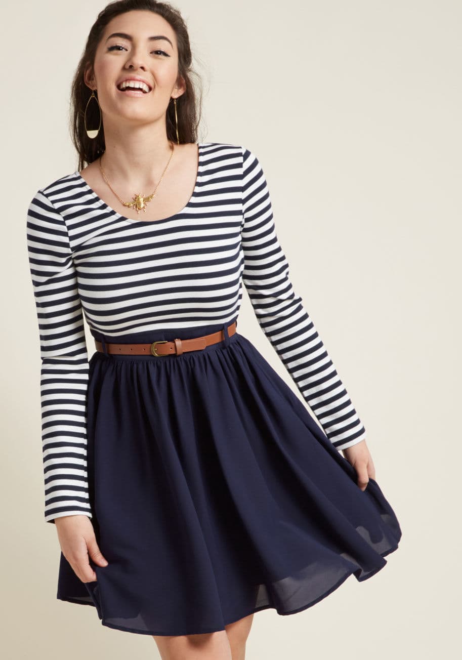 MDD1203 - This long sleeve dress is triumphantly stylish, times two! A marvelous ModCloth exclusive, this belted A-line flaunts a thick knit bodice with navy and white stripes, a scoop neckline, and a chiffon skirt. You know, just the cutest details imaginable.