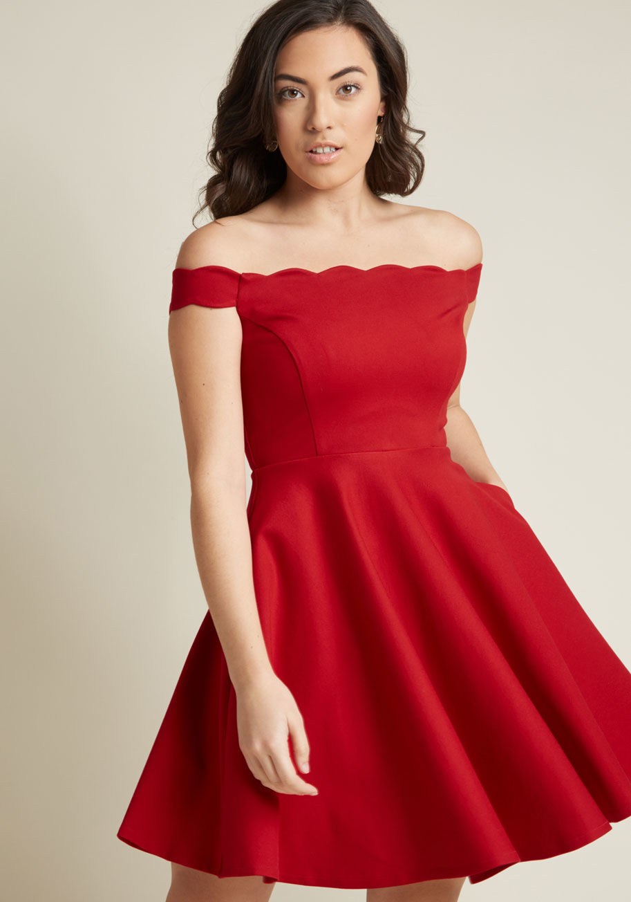 MDD1205 - Classic, playful, and detailed to perfection, this red skater dress from our ModCloth namesake label sure is stunning! A foundation of soft-yet-substantial ponte knit fabric forms the scalloped off-the-shoulder straps, tailored bodice, and hidden pockets 