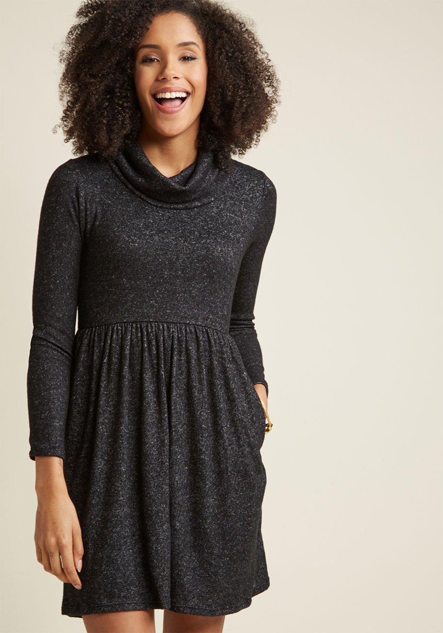 MDD1207 - Take a page from Danish culture and embrace the weather's chill by snuggling into this heather black dress! Featuring a dramatic cowl neck, gathered waist, and super-soft knit, this ModCloth-exclusive frock will keep you cozy for an evening spent cooking 