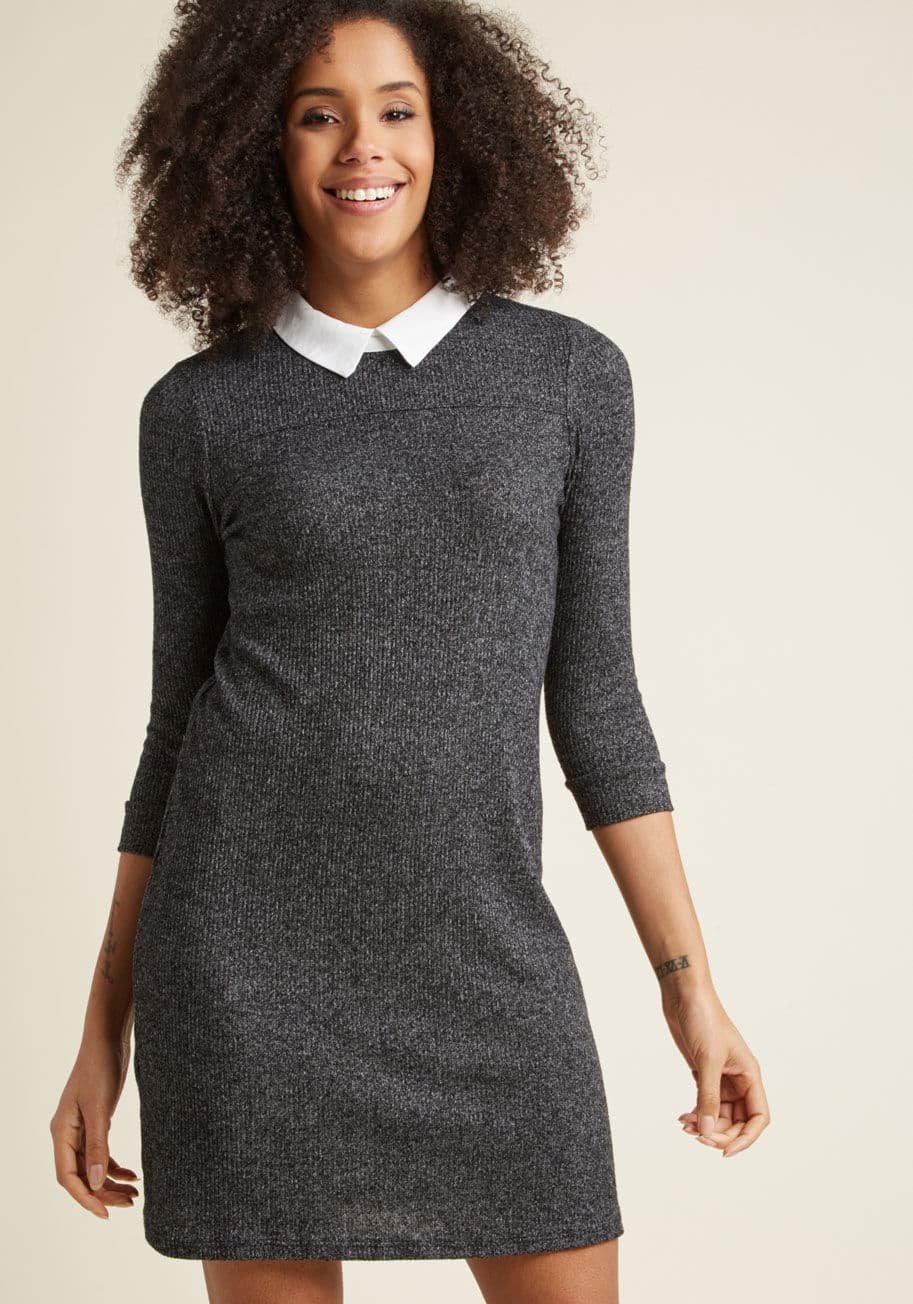 MDD1208 - Take your enthusiasm for studies to the next level with this charcoal grey sweater dress! When you consider variables such as the white contrast collar, ribbed texture, and super-soft knit, this ModCloth-exclusive frock becomes a wealth of stylish knowled