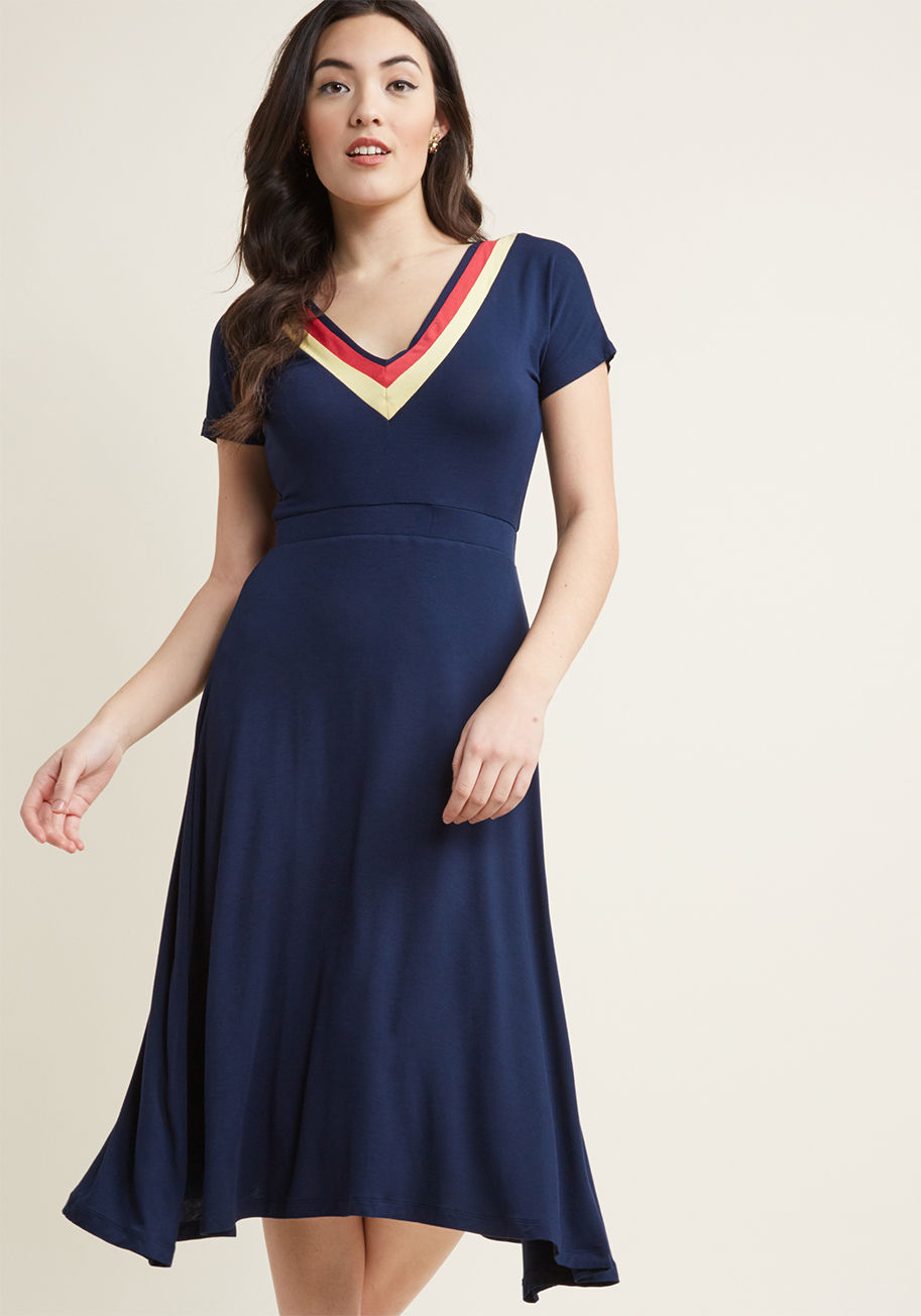 Mdd1214 - This navy midi dress from our ModCloth namesake label is more than just a winning retro look - it's a conversation starter! Fellow aficionados of all things throwback will wanna gab about the red-and-yellow striped neckline and seamless short sleeves of t