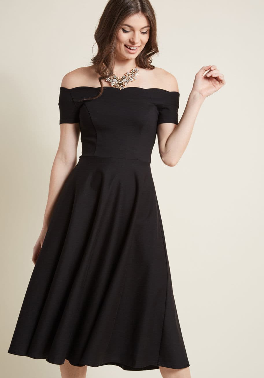 MDD1234 - Classic, playful, and detailed to perfection, this black midi dress from our ModCloth namesake label sure is stunning! A foundation of soft-yet-substantial ponte knit fabric forms the scalloped off-the-shoulder straps, tailored bodice, and swing skirt of 