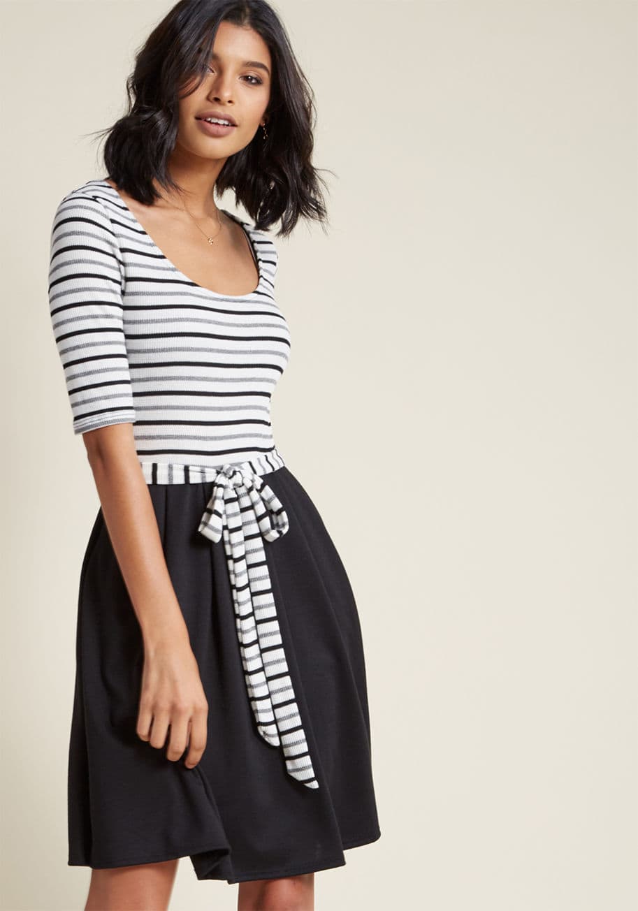 MDD1255 - You don&rsquo;t need to be a fortune teller to see that this twofer dress will become an integral part of your wardrobe! A ModCloth-exclusive design with trending potential, this pleated A-line - with its ribbed bodice, white bodice striped