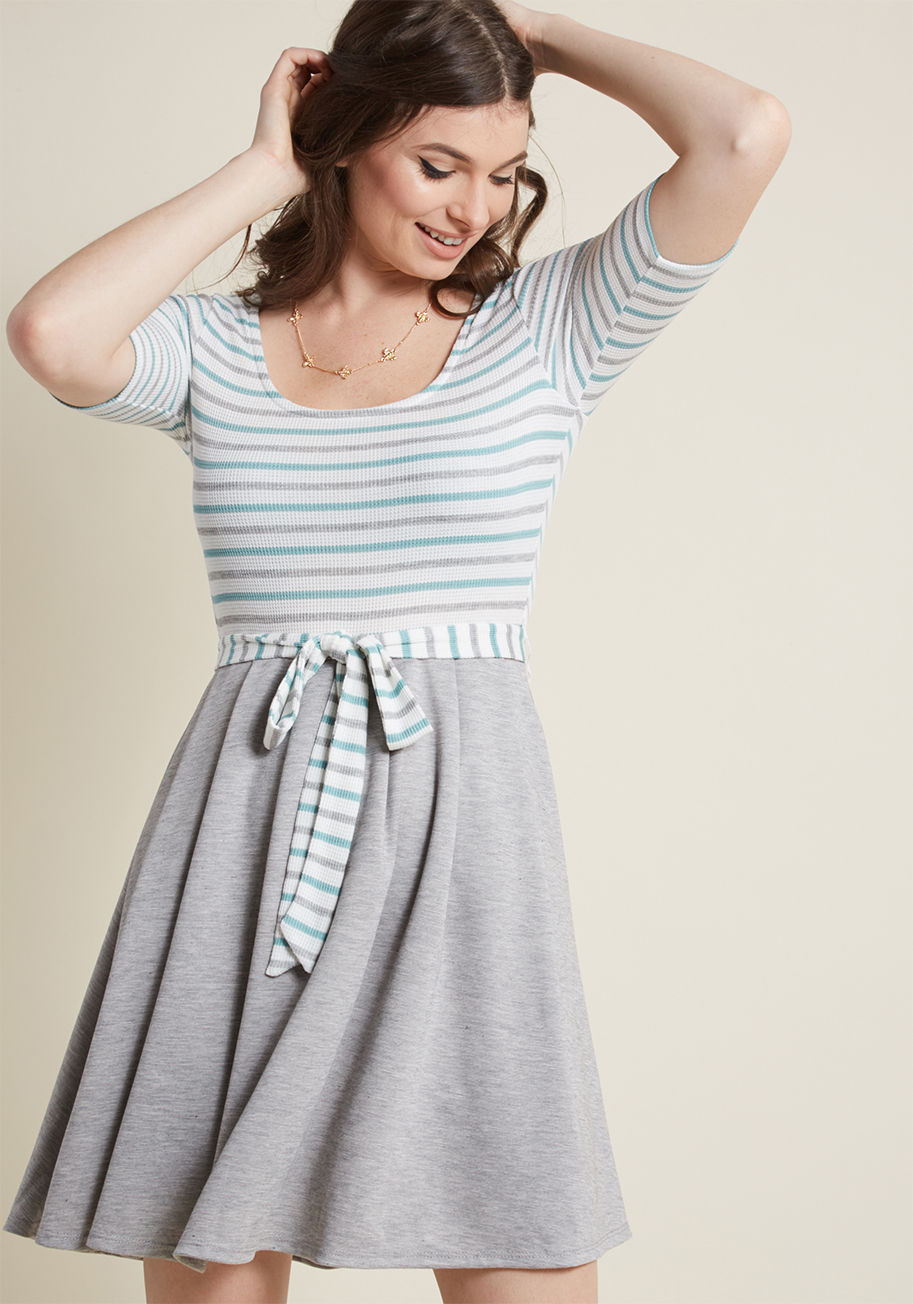 MDD1255A - You don&rsquo;t need to be a fortune teller to see that this twofer dress will become an integral part of your wardrobe! A ModCloth-exclusive design with trending potential, this casual A-line - with its waffle knit bodice, striped