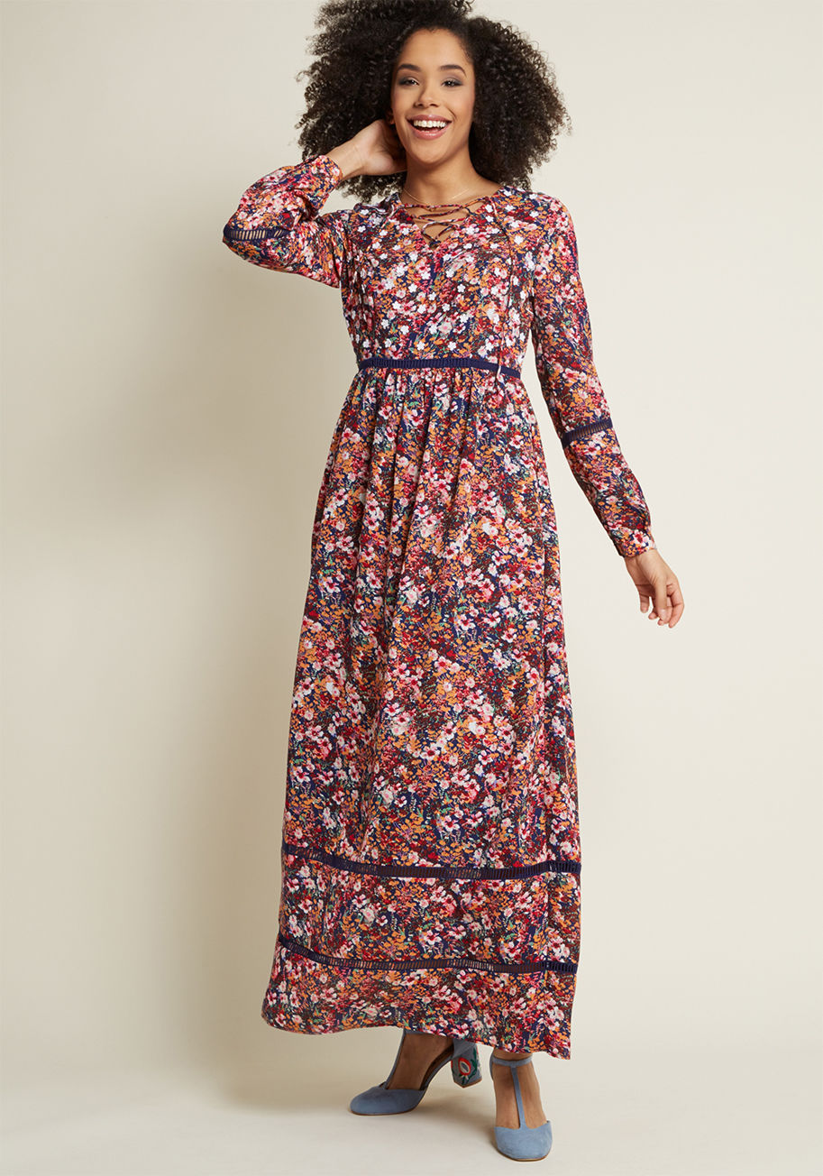 MDD1260 - For occasions where every detail counts, this floral maxi dress from our ModCloth namesake label certainly delivers. A lace-up neckline, white floral appliques across the bodice, ladder trim at the long sleeves and waist, and hidden pockets imbue this eth