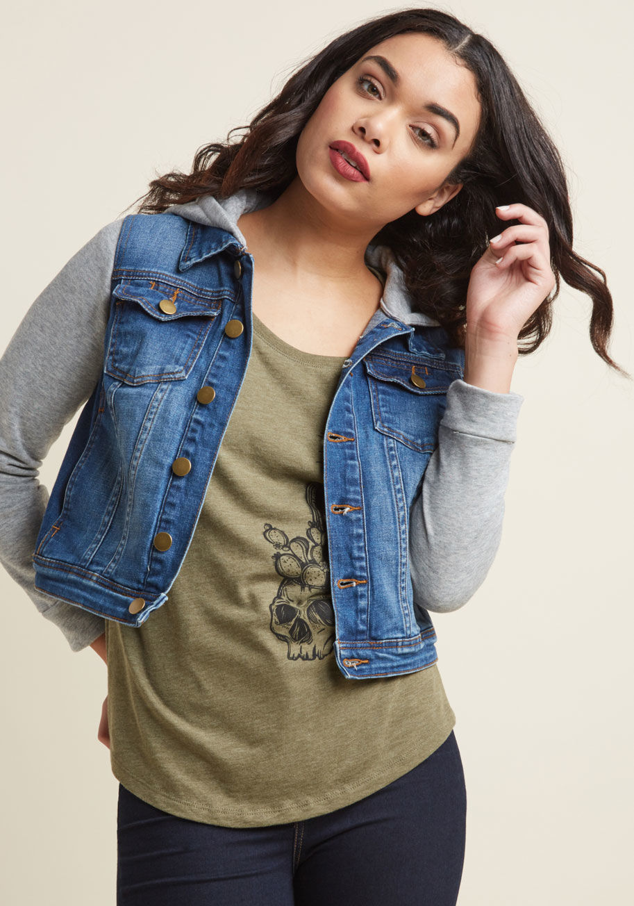 MDO1016 - Transformative pieces are key to making your wardrobe work, meaning this denim jacket will be the cornerstone of your entire collection! A ModCloth exclusive, this mid-wash layer - with its chest and side pockets, grey hood and matching sleeves, and gold 