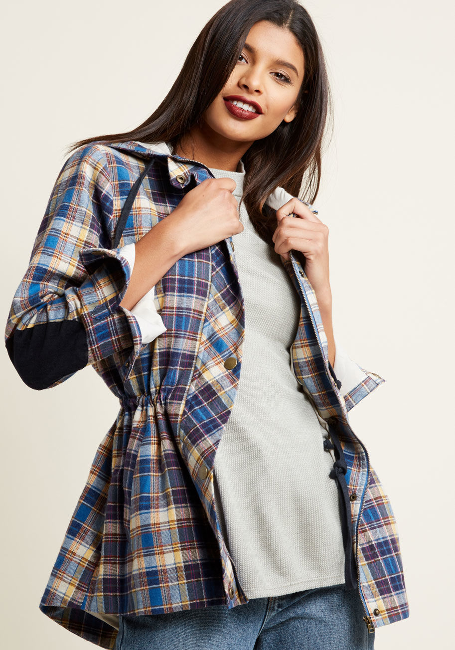 MDO1017 - There's no layer more essential to adventure than a classic anorak jacket - so snag this flannel one from our ModCloth namesake label before your next foray! Everyone will be 'trekking' out the blue and yellow plaid, cozy hood, and deep pockets of this ca