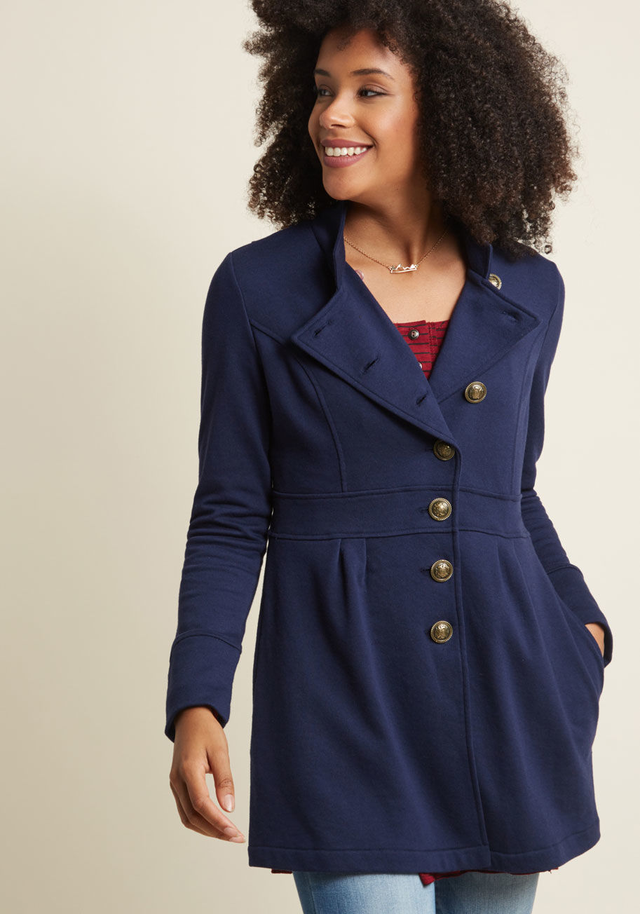 MDO1023 - How will you flaunt this navy jacket from our ModCloth namesake label - halfway buttoned to reveal its lapels, or fastened all the way to its high neckline? There's also the option to wear this knit layer wide open with your hands snugly tucked inside its