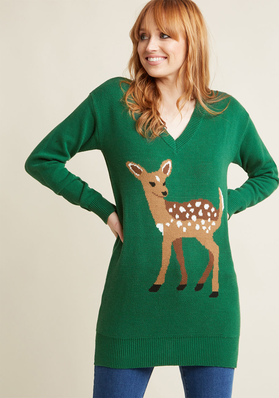 MDS1036 - Friends will preemptively 'fawn' over your fall and winter wardrobe when you foreshadow goodness to come with this green sweater - a ModCloth exclusive! Its tunic length, V-neck, and cotton knit are to thank for its ultimate coziness, while its spotted de