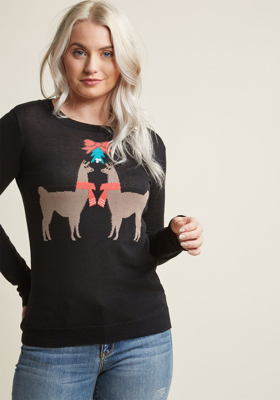 Mds1039 - You never know who you might find smoochin' under the mistletoe - at the party held on this black sweater's lightweight knit, it's a pair of scarf-wearing llamas! An undeniably festive part of our ModCloth namesake label, this semi-sheer intarsia knit pul