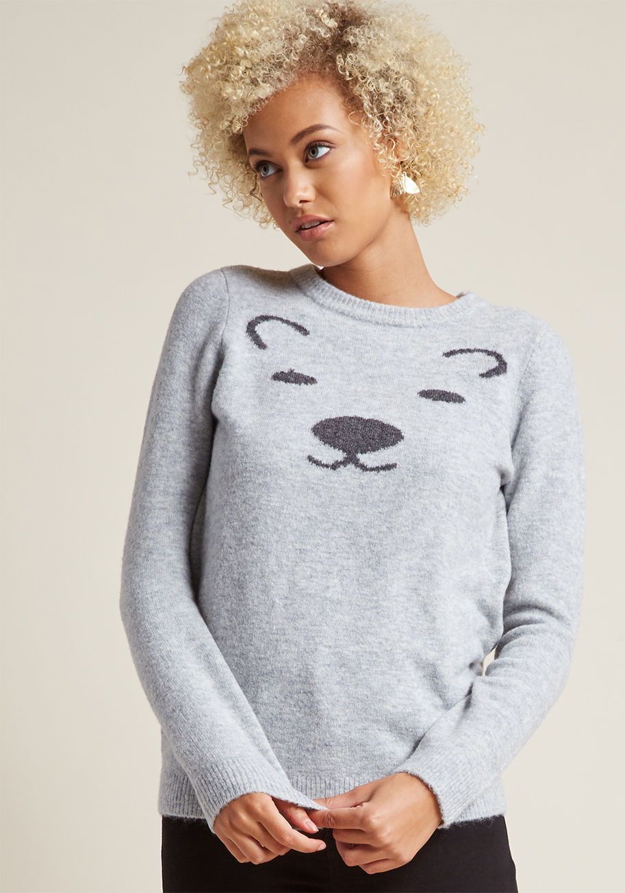 Mds1040 - Who 'nose' how many compliments you'll get on this heather grey sweater? Well, with the intarsia polar bear face, crew neckline, and oh-so-soft knit that makes this pullover from our ModCloth namesake label so snuggly, it's safe to say you'll get at least