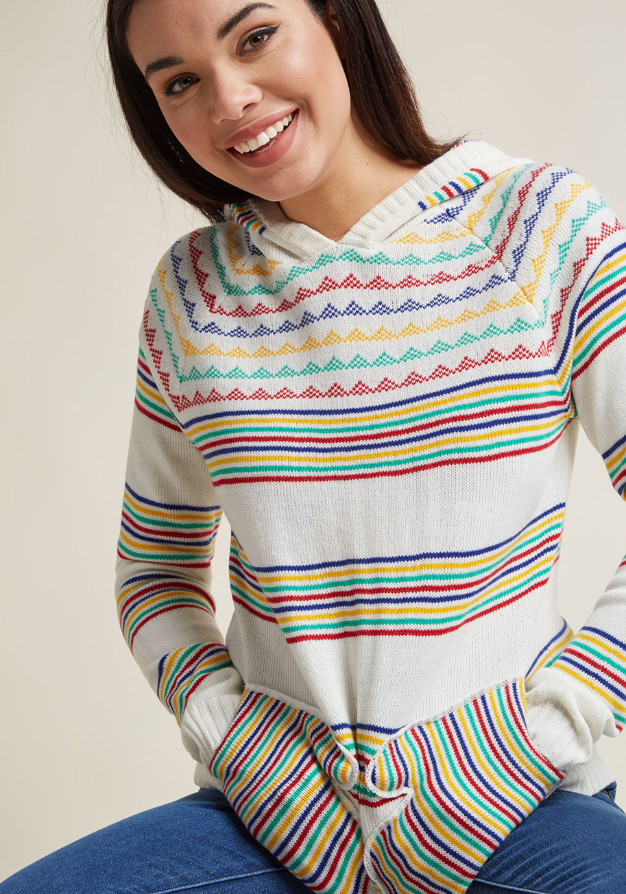 Mds1046 - When it comes to all of the adorable details this colorful pullover has to offer, what's not to 'glove'? A cozy hood kicks things off with this ModCloth namesake label sweater, but it's the rainbow stripes, long sleeves, and mitten pockets of this snuggly