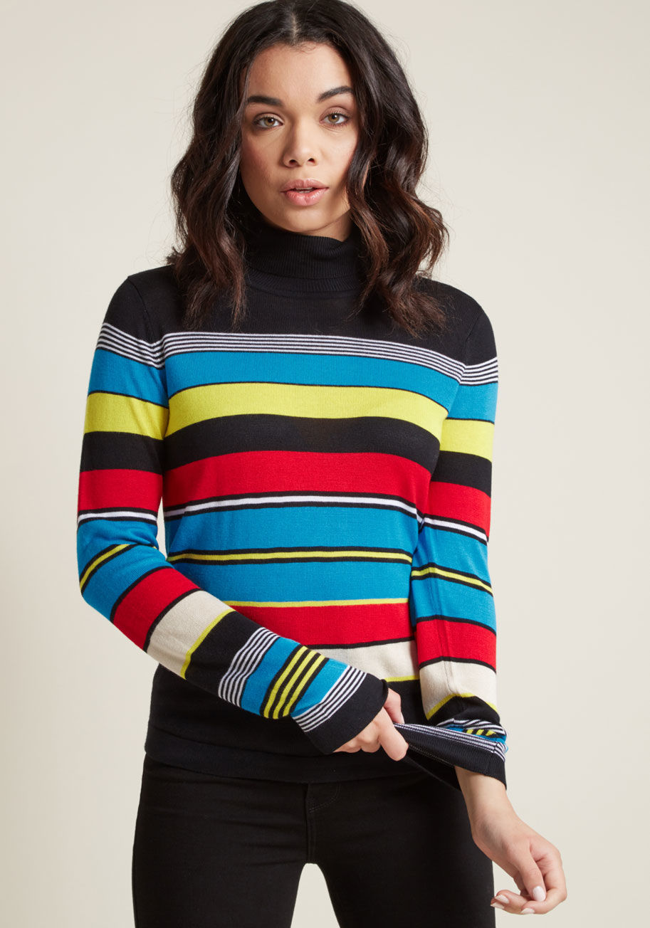 Mds1048 - This throwback turtleneck is updated with eye-popping primary colors! Electric blue, yowza yellow, and radiant red stripes mingle with black, white, and ivory accent tones, making this ModCloth namesake label sweater the ideal mix of retro and right now.