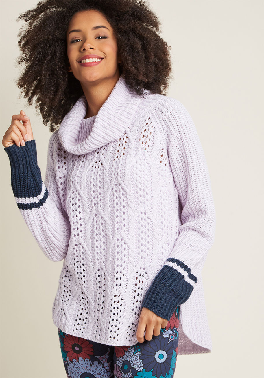 Mds1051 - Though this cowl-neck sweater offers classic comfort, there's nothing basic about its bold design! Part of our ModCloth namesake label, this lavender pullover touts an intricate open-knit front, a curved hem with side vents, and navy blue sleeve cuffs. It