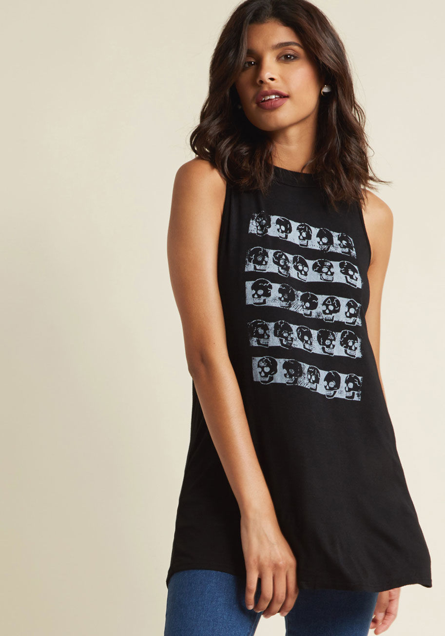 MDT1047G - Add dressing with macabre moxie to your list of fashion expertises! With this black tank top on hand - a ModCloth exclusive boasting a mock neckline and a grey screen print of smiling skulls - you have a whole slew of remixing options for casual looks wit