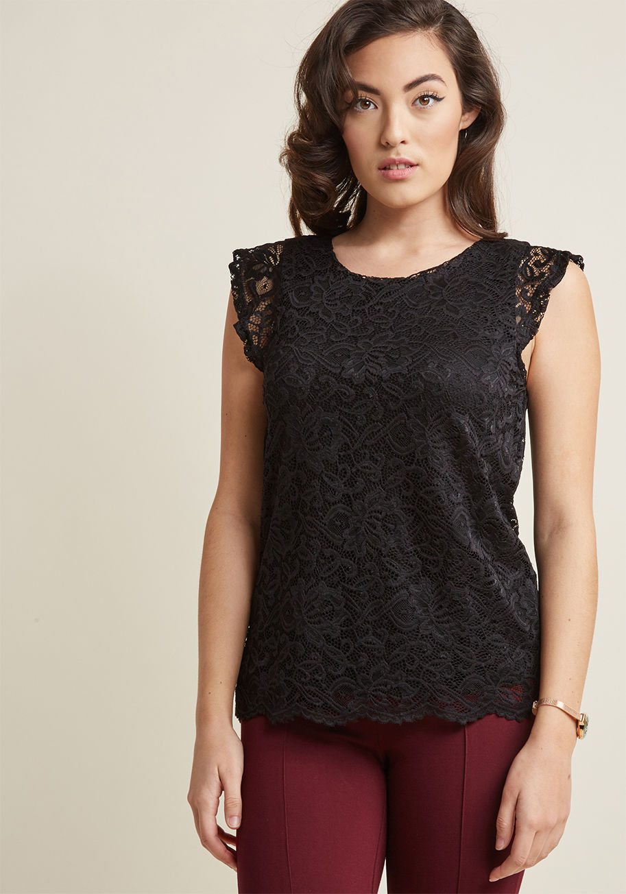 MDT1065 - Leave it to this black lace top from our ModCloth namesake label to increase the elegant appeal of any look you choose! Framed by sheer cap sleeves, fastened by an adorable back keyhole, and delicately scalloped around the hemline, this beautiful blouse p