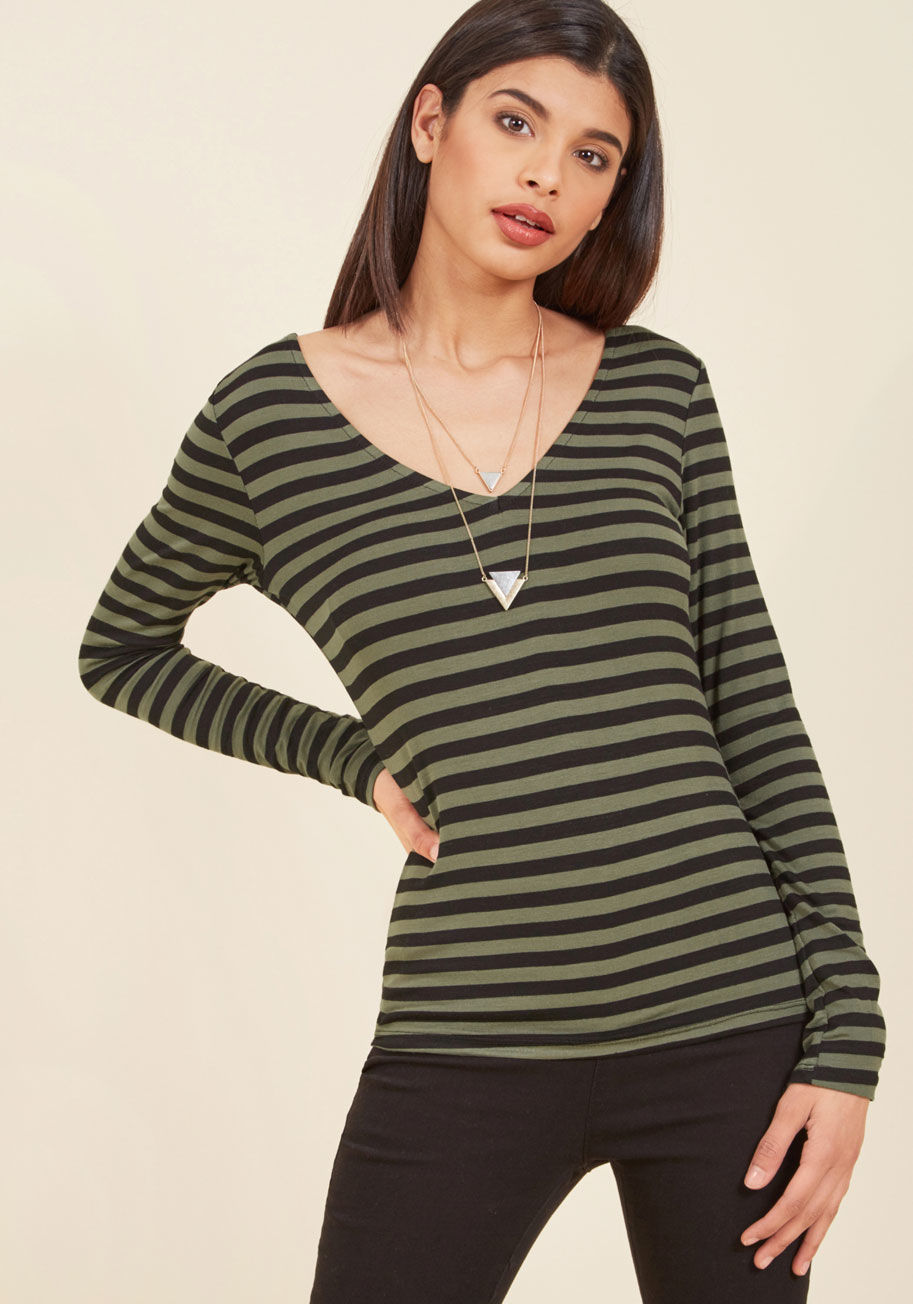 MDT1070 - Each closet calls for a totally transformative top, and this striped tee is exactly that! A ModCloth-exclusive design of soft knit fabric, long sleeves, a V-neckline, and a black and olive color scheme come together to provide effortless versatility, and 