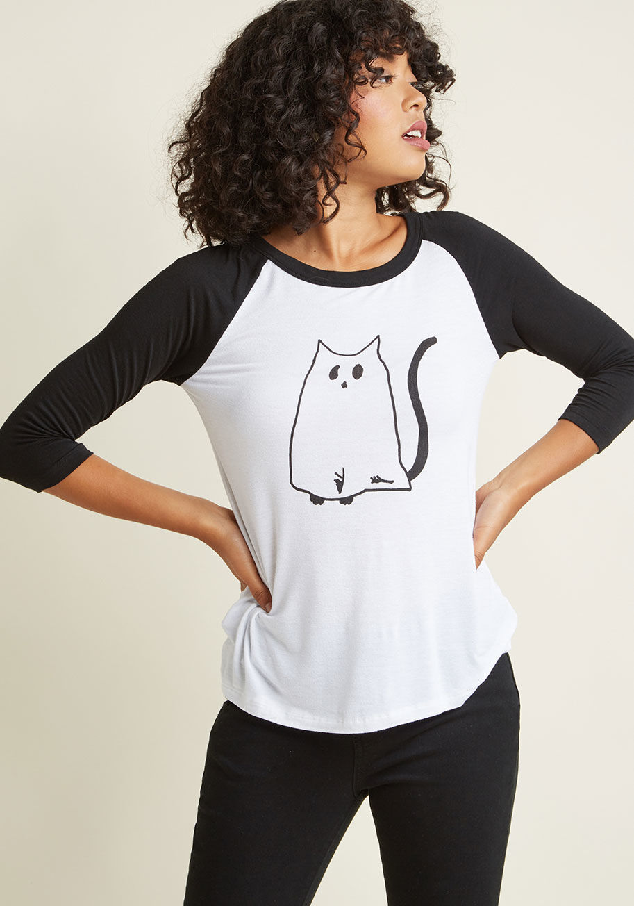 MDT1090A - There's no disguising the delight you feel from flaunting this black and white top! A ModCloth exclusive, this worn-in-style tee frames its ghostly cat graphic between classic raglan sleeves, while its intentional-yet-effortless distressing reflects your 