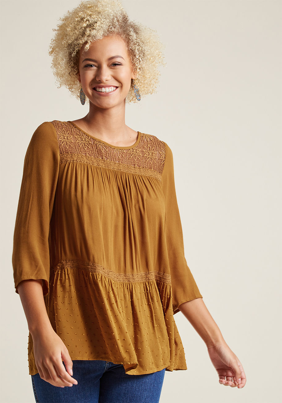 Mdt1146 - This goldenrod top from our ModCloth namesake label is embellished with so many unique details, it eliminates the need for accessories - almost! A sheer yoke and 3/4-length sleeves may be what catch you eye about this boho-inspired piece, but it's the lac