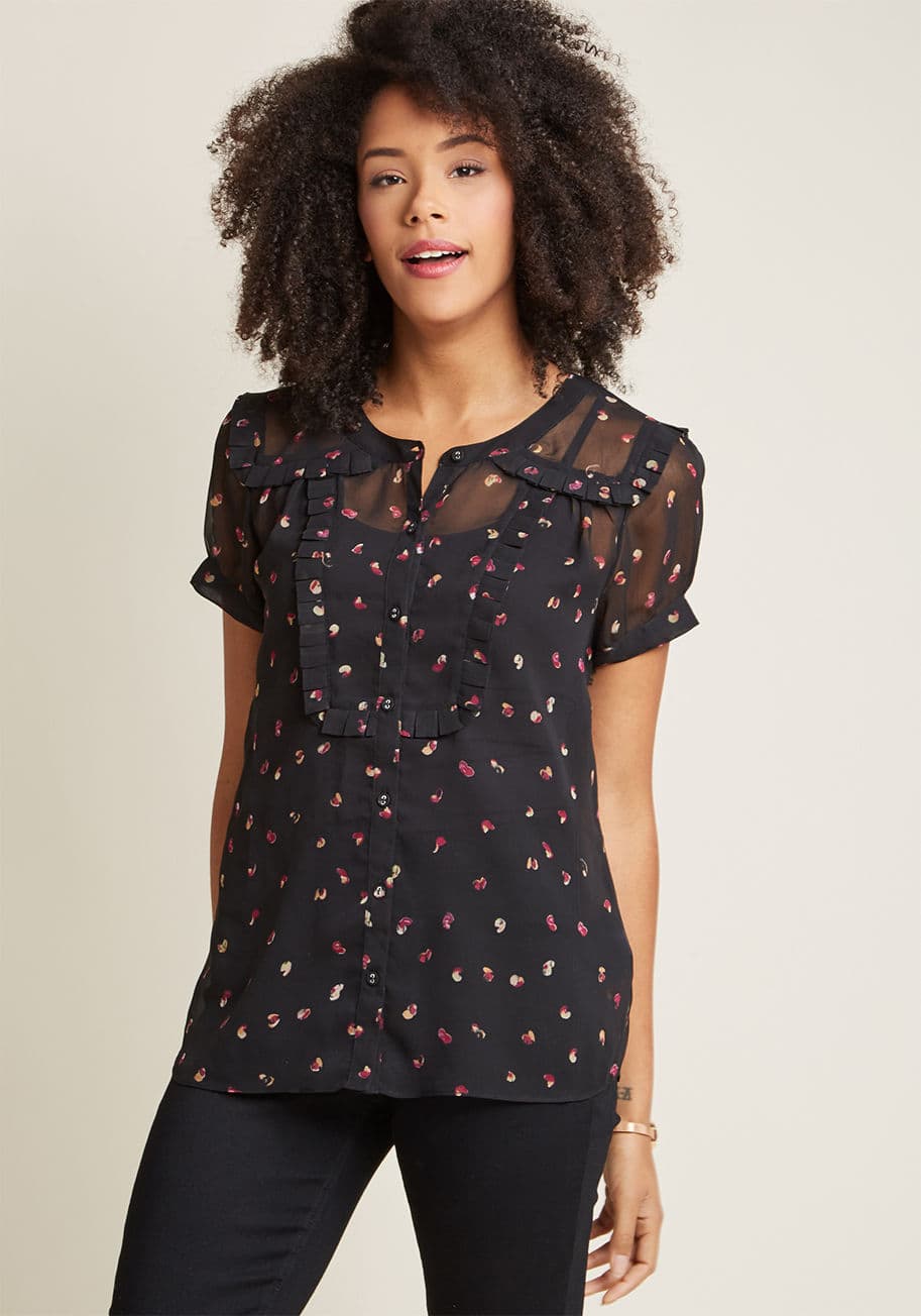 Mdt1164 - Elegant, organized, and even a bit flirtatious, this sheer black blouse is a true go-to. We love the pleated ruffles that trim its shoulders and yoke, its gently puffed short sleeves, and its magenta-and-beige petal print. Is this our favorite button-up i