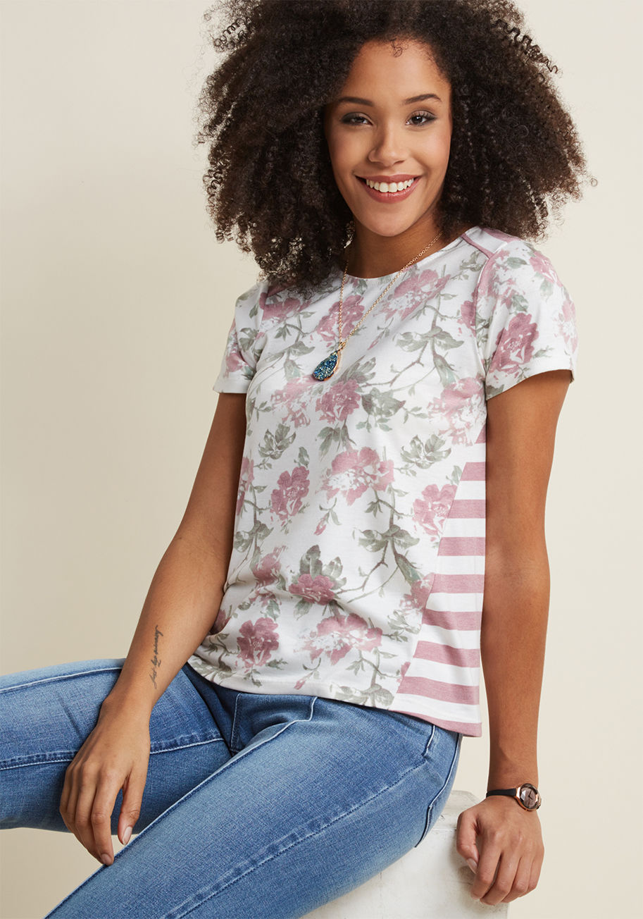 MDT1178 - Let the contrasting floral and striped motifs of this knit top inspire you to explore unexpected favorite wardrobe pairings! A casual tee made charming, this ModCloth namesake label offering makes its palette of ivory, mauve, and soft green hues available