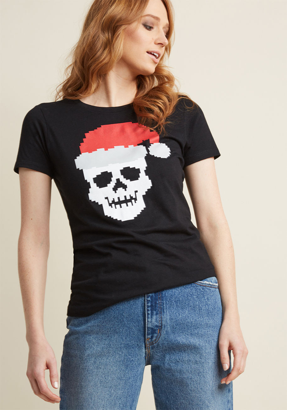 Merry Bitmas - In your mind, mistletoe and macabre mingle delightfully - and, the two are 'merried' together on this black graphic T-shirt! This ModCloth exclusive is printed with a pixelated skull sporting a Santa hat. It may be unconventional, but it sure is festive!