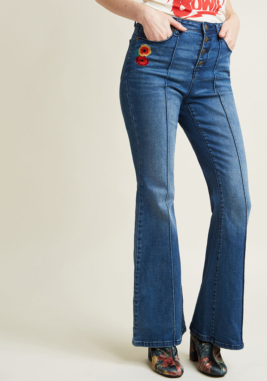 ModCloth - Flared Jeans with Floral Embroidery