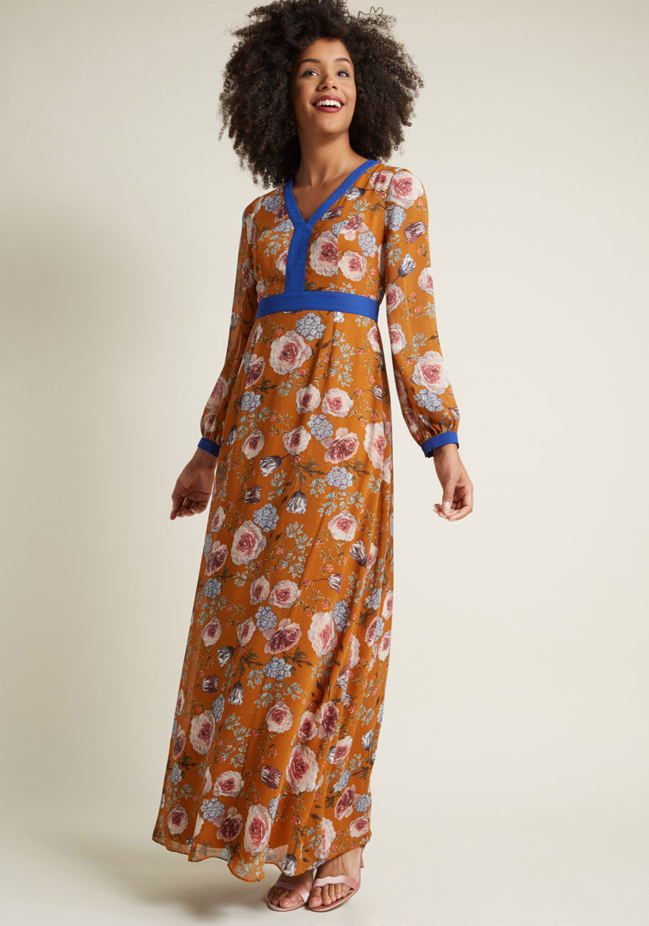 ModCloth - Long Sleeve Maxi Dress with Solid Trim