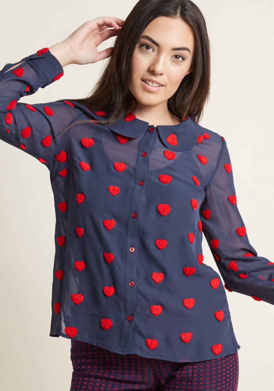 ModCloth - Sheer Chiffon Blouse with Chenille Heart Dots