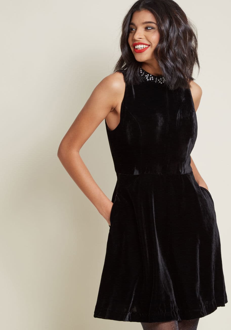 ModCloth - Sleeveless Velvet Dress with Embellished Neckline