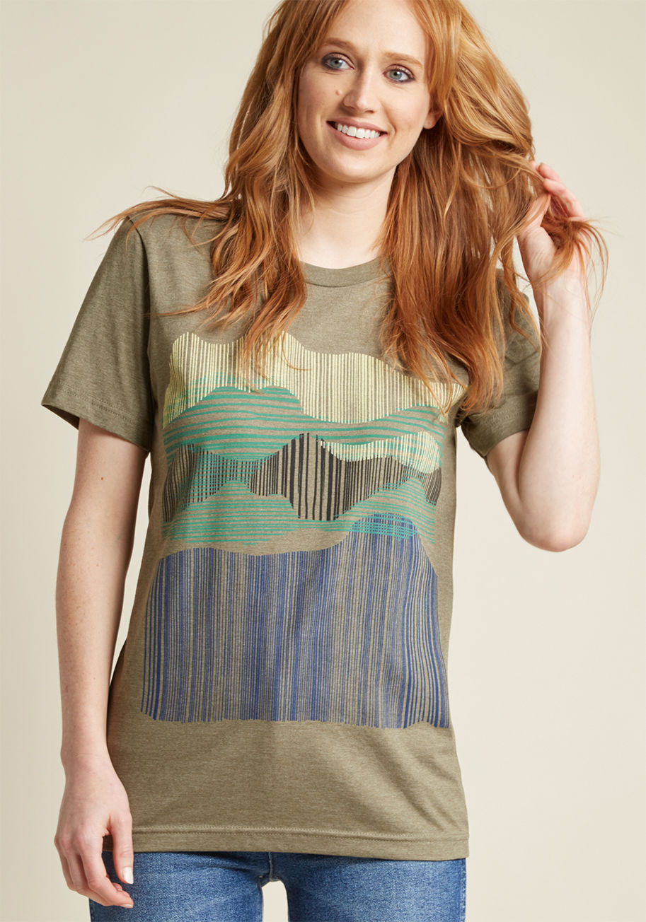 MOU-M50-LTN - Once you've donned this olive green tee from Suppermaggie, it'll take an ocean to keep you apart! Hand-printed with a striped, mountainous graphic