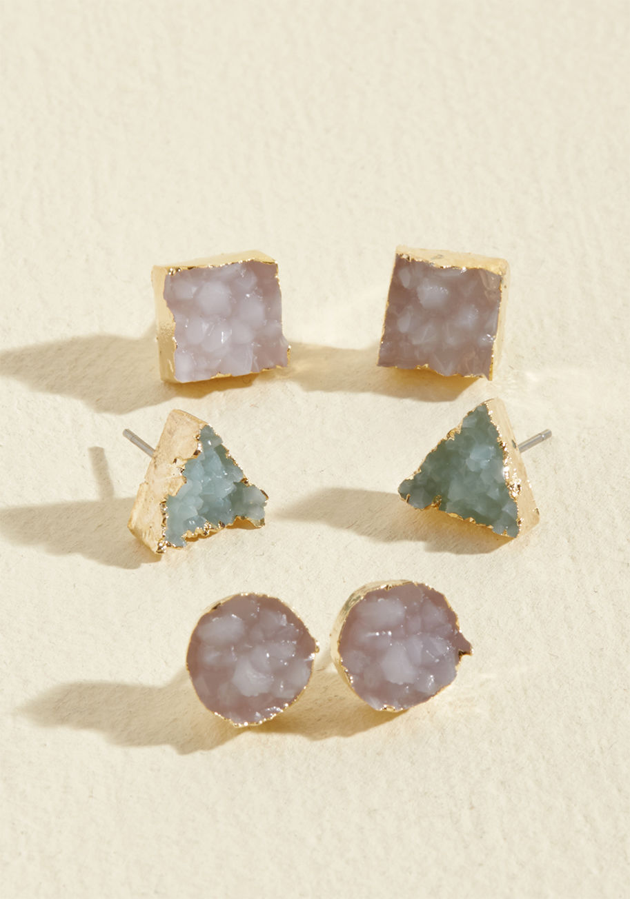 MTM06-3048 - A sprinkling of sweetness here, a peppering of perfection there - these geometric earrings season your look with all kinds of fashionable flavor! A ModCloth exclusive, this collection of druzy studs lets their gold frames and pastel purple, green, and pin