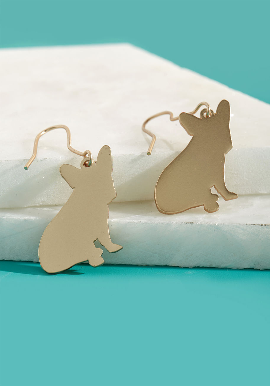 MTM08-1026 - We can't think of a single look that couldn't be improved by including these golden earrings! Showcasing the silhouette of a French Bulldog dangling from each ear, this ModCloth-exclusive pair only adds character to your aesthetic. 'Tailed' it!