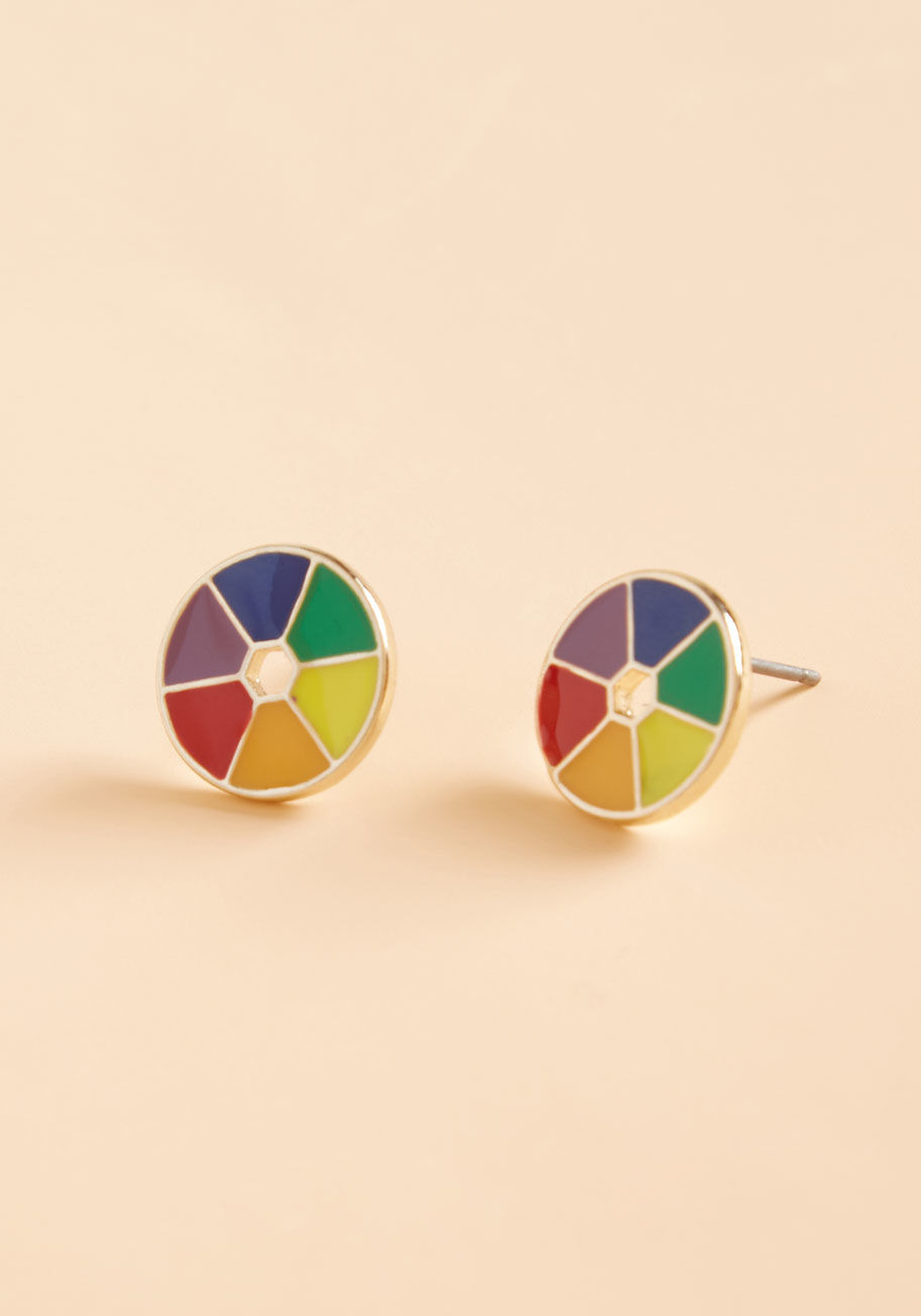 MTM10-3068 - Anywhere you flaunt these color wheel earrings, fun times are sure to follow! A style exclusive to ModCloth, these precious posts lend their radiant, round rainbows to your most lighthearted affairs.