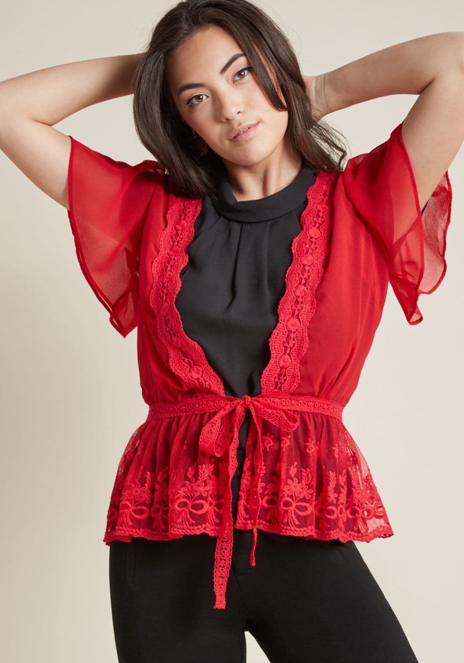 P-AJ4230 - Wearing this red cardigan to brunch is a smart choice. Proof is that your bestie admiringly asks to borrow this flutter-sleeved look, which touts gossamer-sheer fabric and intricate lace accents. Each wearer's taste makes this waist-tied cardi's ruffled h