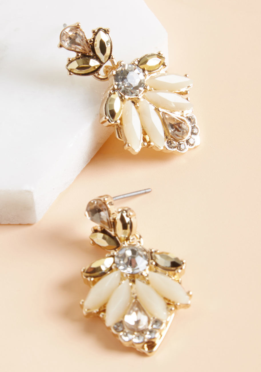 PE1005GDBE - The sensational shine of these rhinestone earrings certainly won't go unnoticed! While dangling from your lobes, this elegant pair catches and refracts light with its collection of gold, silver, ivory, and champagne hued faux stones. So glam!