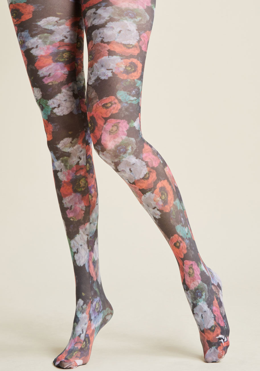 Poppy Printed Tight - Have fun flaunting the pink, red, white, and blue flowers mingling on these black tights! Statement? Yes. Super-stylish? You betcha!